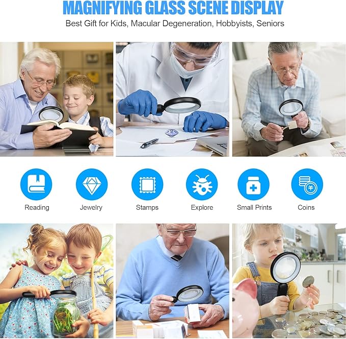 Rechargeable Magnifying Glass with Light, 30X 4.7IN Handheld Large Lightweight Lighted Magnify Len 21 LED 3 Modes Illuminated Book Magnifier forKids,Senior,Reading,Inspection,Coin,JewelryChristmasGift