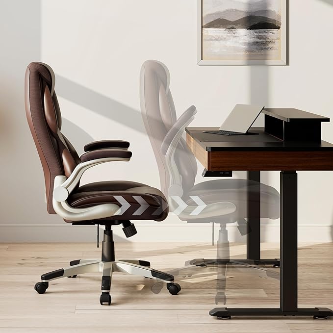EUREKA ERGONOMIC Executive Office Chair Flip Up Arm Rest, Ergonomic Desk Chair Faux Leather Computer Chair, High Back Office Chair with Headrest, Home Office Desk Chairs with Wheels, Brown