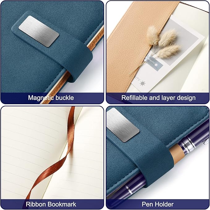 A5 Lined Leather Journal with Pen, 240 Pages Refillable Hardcover Notebook with Pocket and Magnetic Buckle, 80gsm Thick Daily Diary for Men and Women, Great Gift for Business School Travel Personal -