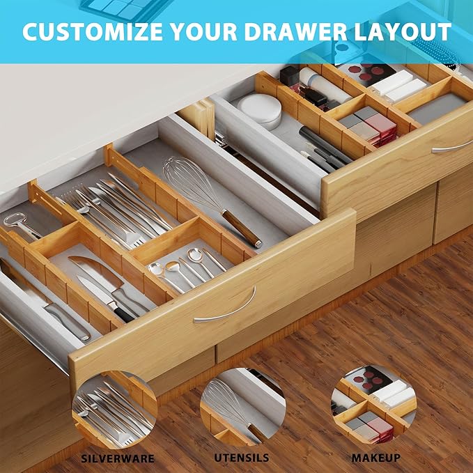 6 Pack Bamboo Drawer Dividers with 12 Inserts, Expandable Adjustable Clothes Drawer Organizers and Storage from 17" to 22" for Kitchen, Bedroom, Dresser, Cosmetics (Natural)