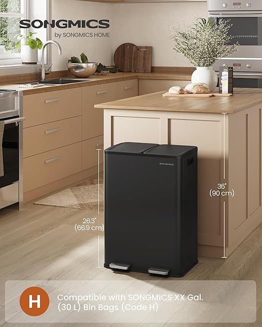 SONGMICS Trash Can, 2 x 8 Gallon (2 x 30 L) Dual-Compartment Garbage Can with Soft-Close Lid, Pedal and Inner Buckets, Stainless Steel, Includes 15 Liner Bags, Ink Black ULTB741B01