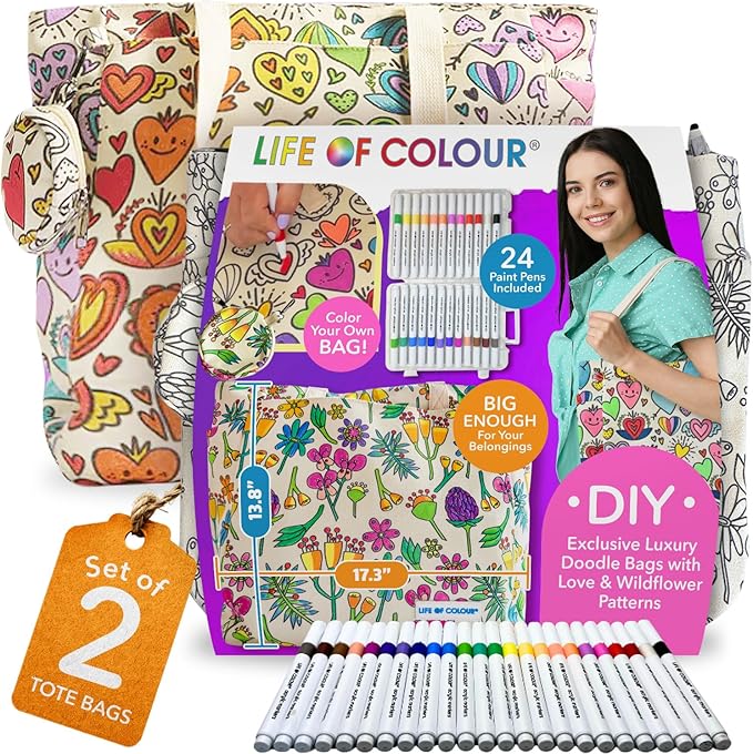 Doodle Bag Bundle – Color Your Own Tote Bags in Two Playful Patterns - Craft Kits for Adults Includes 2 Canvas Totes & 48 Acrylic Markers – DIY Painting & Art Kit for Women