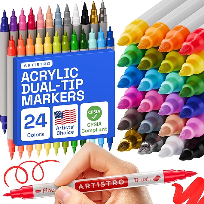 ARTISTRO Acrylic Paint Markers for Fabric, Rock, Wood, Glass, Craft - 24 Quick Dry Dual-Tip Fabric Paint Pens for Halloween Decorations - Pumpkin Painting Kit, Art Supplies, Christmas Gift