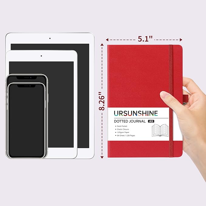 Dotted Journal/Notebook - Dot Grid Hard Cover Notebook, Premium Thick Paper with Fine Inner Pocket, Black Smooth Faux Leather, Pen Loop, 5.3'' x 8.26'' - Red