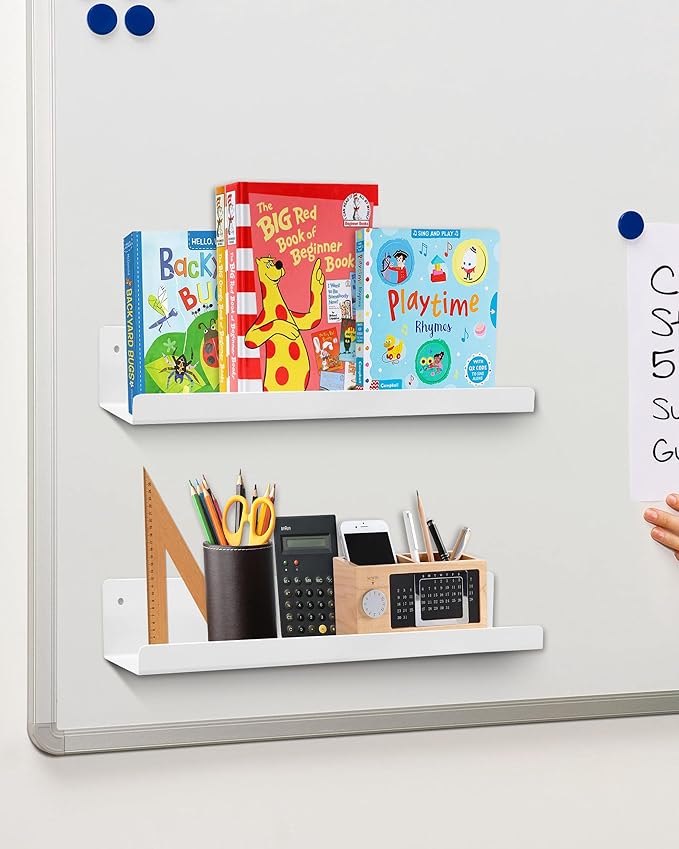 Magnetic Book Shelf for Whiteboard, Reusable Metal Magnetic Bookshelves with Strong Adsorption Capacity, 2-Pack 17'' for Classroom Whiteboard Office & Fridge Storage, Holds up to 12.5 lbs