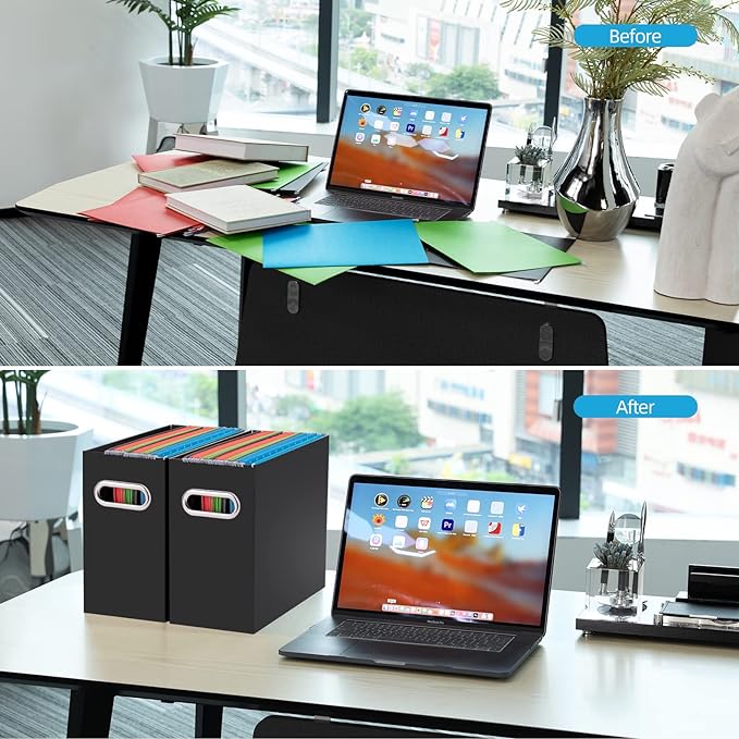 Oterri File Organizer, 4 Packs Small Storage Box, Cardboard File Folder Organizer, Collapsible File Box, Hanging File Organizer for Letter Size, Portable File Box with Handle, Only Box（Black）