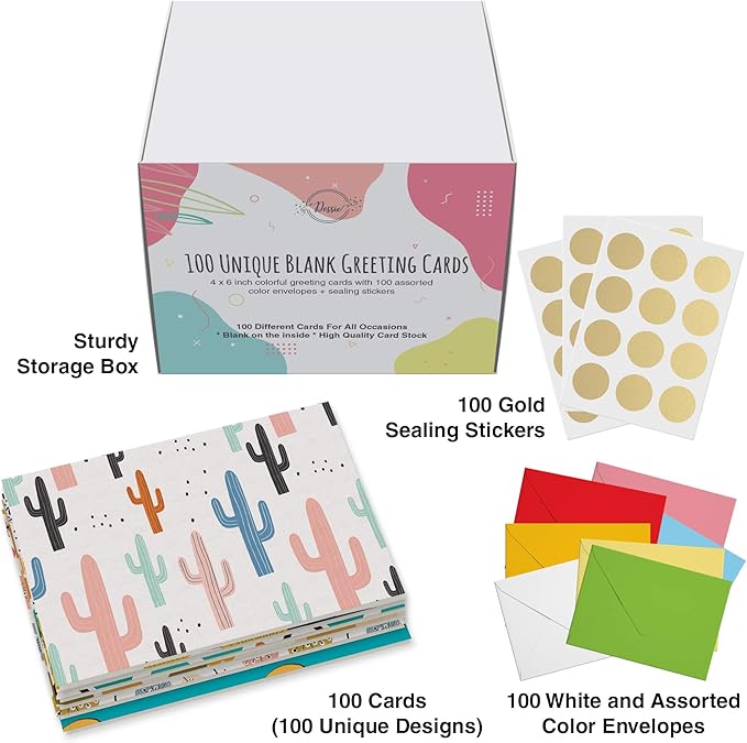 Dessie 100 Unique Blank Cards With Envelopes 4x6 - All Occasion Blank Greeting Cards w/Colored Envelopes & Gold Seals. No Repetition. Note Cards with Envelopes Set