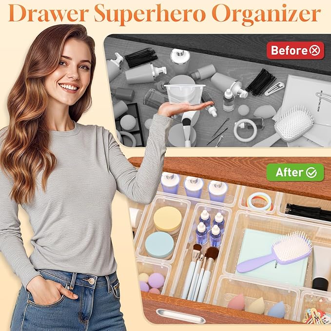 63 PCS Clear Plastic Drawer Organizers Set, 4-Size Versatile Bathroom and Vanity Organizer Trays, Non-Slip Storage Containers for Makeup, Jewelries, Bedroom，Kitchen Utensils and Office
