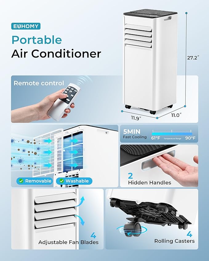 EUHOMY 10,000 BTU Portable Air Conditioners Up to 450 sq.ft, 3-1 Standing Smart Cooling AC with Remote, Dehumidifier, Fan, Air Conditioner Cools Room, 3 Modes, 24-hour timer, LED Display, Bedroom
