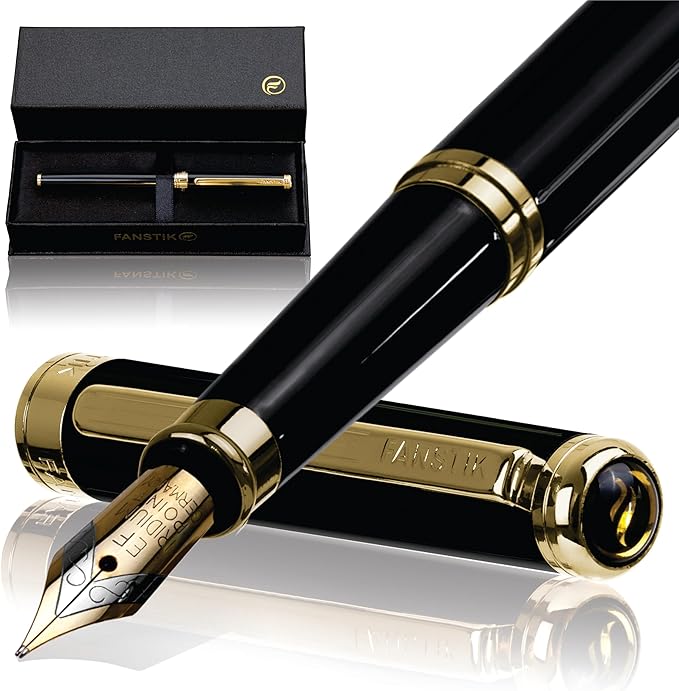 Black & Gold Luxury fountain pen (Made In USA) fancy gift set for women, Real 24K Gold Plating, Professional executive pen gift set for men (Lux fountain Black-Gold)