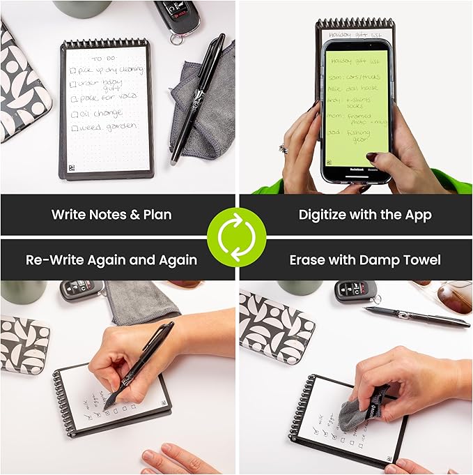 Rocketbook New Mini Reusable Smart Notepad, Pocket Size Notebook 3.5x5.5, Black - Dotted Pages, App-Connected, Erasable, Ideal for On-The-Go List Taking & Quick Notes Anywhere