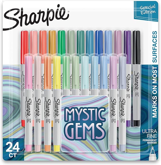 Sharpie Permanent Markers, Ultra-Fine Point, Featuring Mystic Gem Color Markers, Assorted, 24 Count