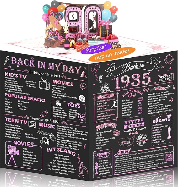 90th Birthday Card for Women, Jumbo 3D Pop Up 90th Birthday Gifts for Mom Grandma, Back In 1935 Happy 90 Year Old Sister Birthday Decorations Cards Card for Her, Rose Gold