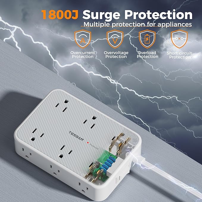 TESSAN 15 ft Extension Cord Surge Protector Power Strip, 12 Outlet Extender with 4 USB (2 USB C), 1800 Joules Protection, Flat Plug, Flat Extension Cord with Multiple Outlets, for Home, Office, Dorm