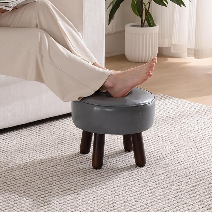 Ottoman, Small Foot Stool, Round Leather Pouf Ottoman, 13''L x 13''W x 10.2''H Foot Rest with Non-Skid Rubber Legs for Living Room Bedroom Couch Entryway, Grey