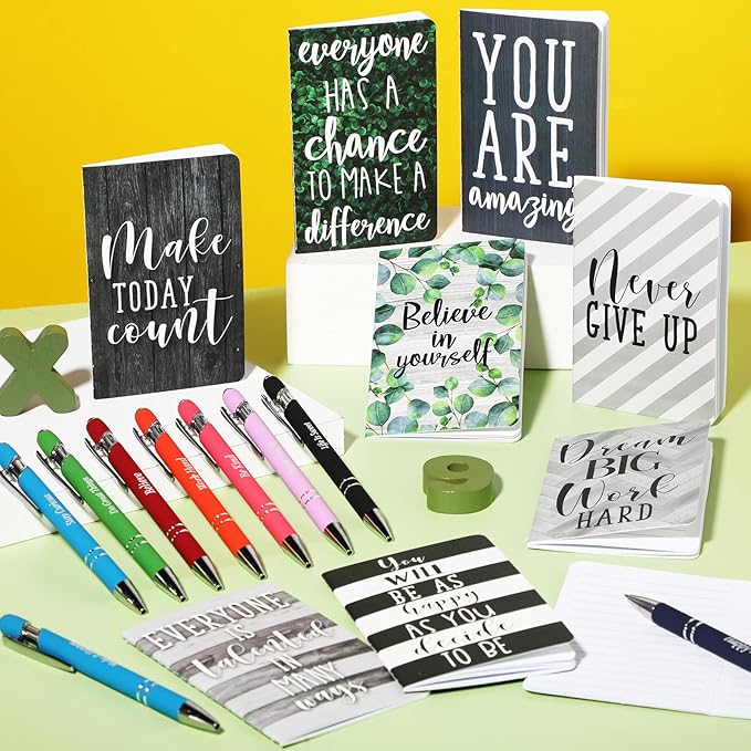 Funrous 32 Pcs Motivational Quote Pens Inspirational Notepads Mini Journal with Ballpoint Pen Small Notebooks Gift Set for Men Women Coworkers, Adult Party Favors Prizes Gift Bulk(Classic)