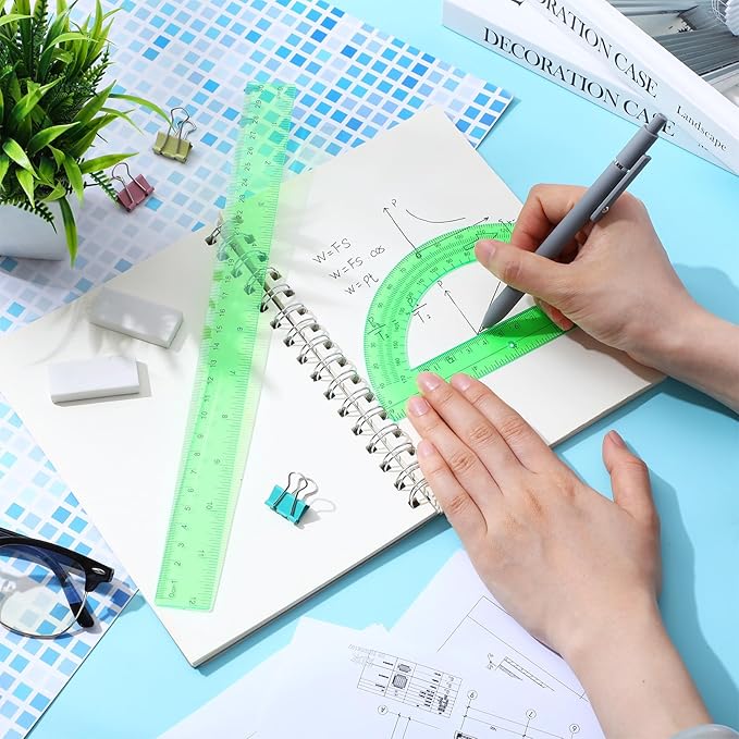 Zonon 2 Pack 12'' Plastic Ruler and 6'' Plastic Protractor Set Clear Ruler Protractor Set Math Geometry Supplies for School Classroom Home Office Drawing(Green)