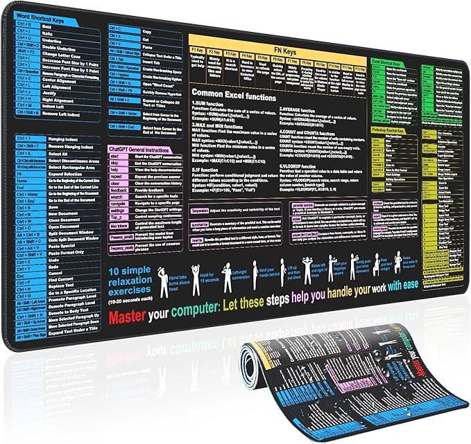 Waterproof mouse pad—Excel Cheat Sheet Desk pad—Contains Various commonly Use Office Software Such as Excel, Word, etc—Large XXL (35.45" x 15.75")|Office Keyboard and mouse pad|excel Shortcut mousepad