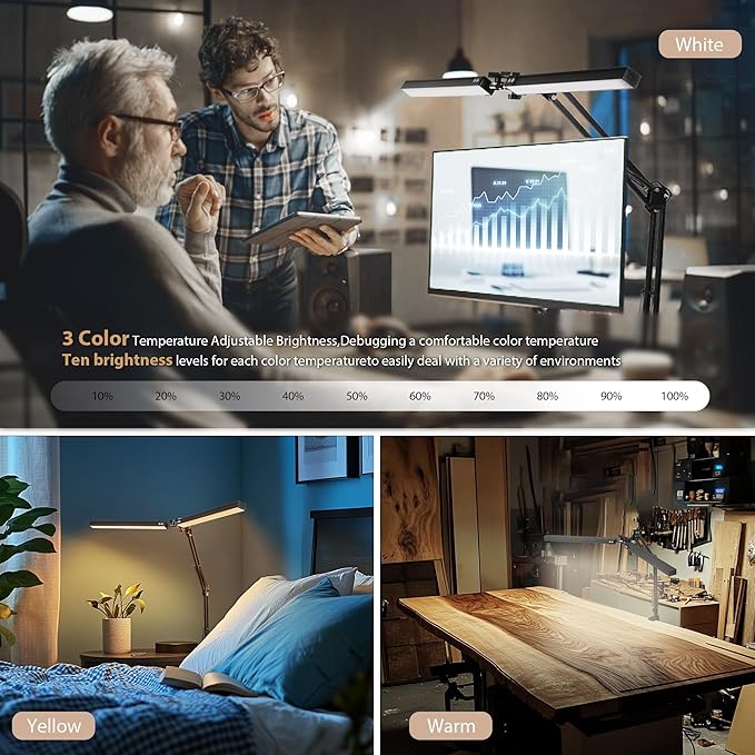 Desk Lamp with Clamp, Swing Arm Architect Lamps with Adjust Joints & 3 Color 10 Brightness Dimming Desk Light Eye Caring Study Lamp No Glare Drafting Light