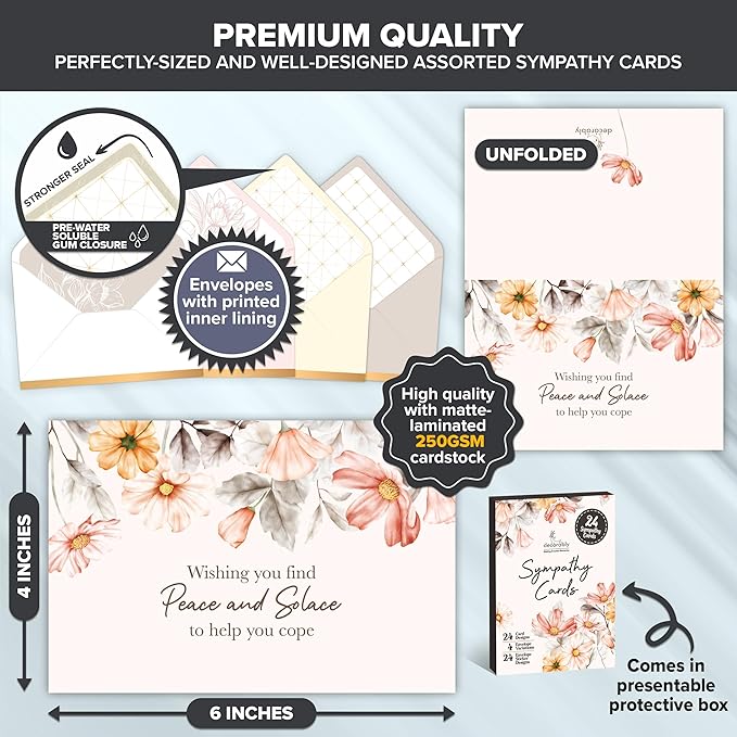 Decorably 24 Pack 6x4in Assorted Sympathy Cards with Envelopes and Stickers, 24 Unique Designs Sympathy Cards Assortment Box with Envelopes with Printed Message Inside