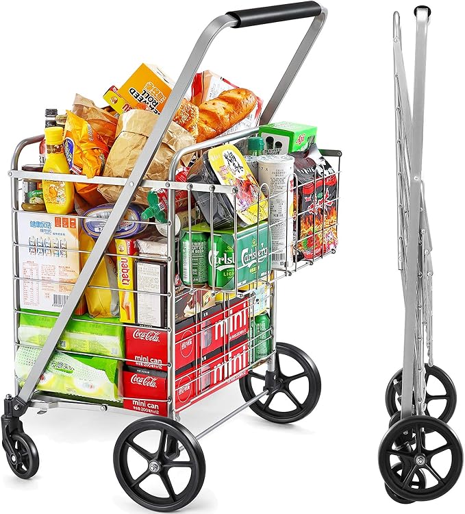 Wellmax Shopping Cart, Metal Grocery Carts For Groceries, Folding Cart For Convenient Storage And Holds Up To 160lbs, Dual Swivel Wheels and Extra Basket, Silver
