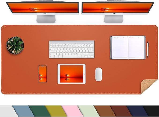 Large Desk Mat -47.2" x 17" Leather Desk Pad Protector with Natural Cork & PU Leather, Non-Slip Office Desk Mat, Double-Sided Mouse Pad, Waterproof Large Desk Pad for Office&Home (Orange)…