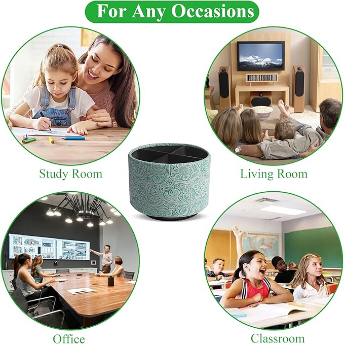 lizimandu Round Leather Art Supply Organizer,Remote Control Holder,360 Degree Spinning,Multi-Functional Pencil Holder,4 Compartments Desktop Stationary Organizer(1-Carved Stone Green)