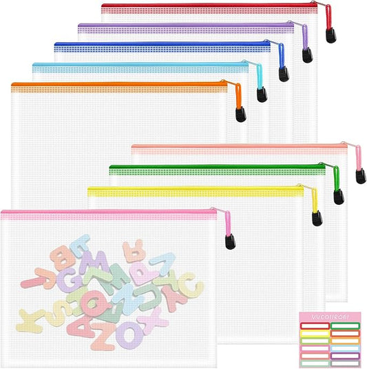 9pcs Mesh Zipper Pouch Bags, B5 Mesh Pouch, Plastic Zipper Pouches, 9 Colors for Organizing, Board Game Storage, Travel, School, Office
