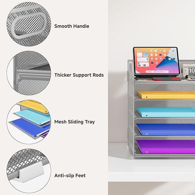 5 Tier Paper Organizer with Handle, Metal Mesh Desk Organizer File Folder Organizer Paper Letter Tray Desktop Document Sorter for Classroom, School, Office Organization and Storage - Silver