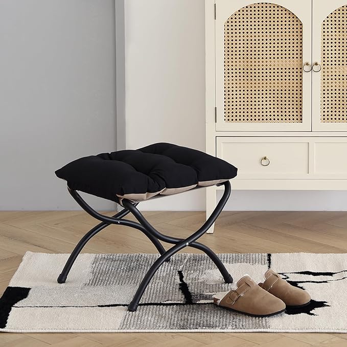 LITA Folding Upholstered Footrest Stool, Modern Small Portable Accent Ottoman with Detachable Thick Cotton Cushion Padded Sofa Stool with Metal Frame for Lazy Chair, Living Room & Bedroom, Black