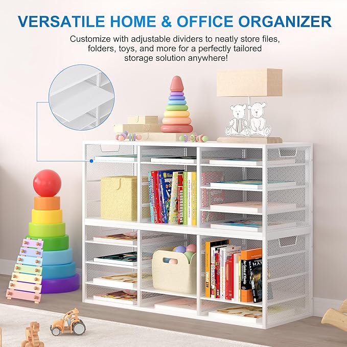 Mail Sorter Adjustable Countertop Mail Holder, Heavy Duty Literature Organizer, Student Mailbox for Classroom, Desktop Bill Paper Organizer for Office Home School, 12 Compartments, White