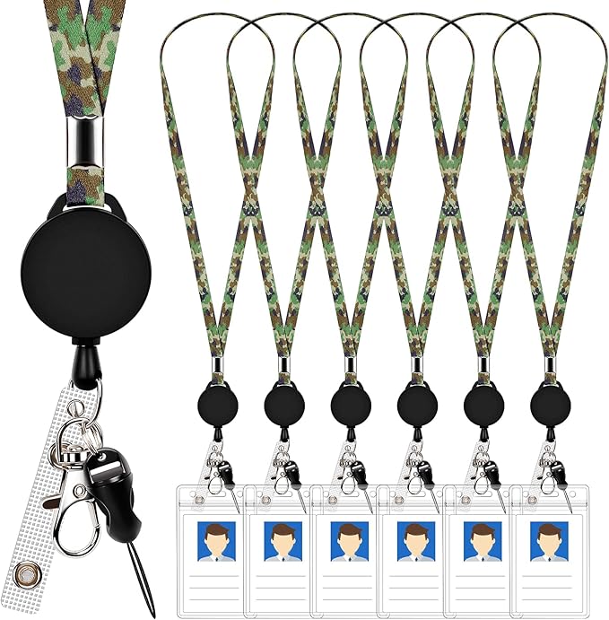 6 Pack Retractable Badge Lanyards and ID Badge Holder, Strap Lanyard with Swivel Metal Clasp for Badge Holders, Keychains, Offices, Staff, Students, Employees, Camouflage