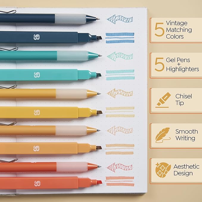 BLIEVE Aesthetic Highlighters and Gel Pens And Soft Tip, No Bleed Dry Fast Easy to Hold, for Bible Journaling Planner Notes School Office Supplies (Vintage)