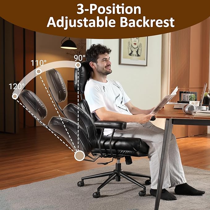 Faux Leather Executive Office Chair - Big and Tall Ergonomic Home Office Chair,Reclining Computer Desk Chair with Lumbar Support,Adjustable Task Chair Swivel Rolling PC Chair with Wheels,Black,PU