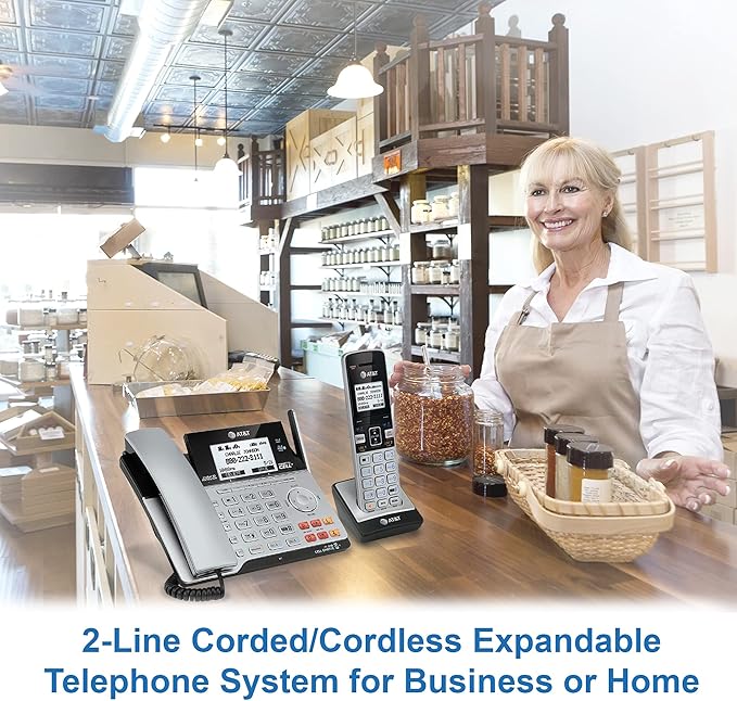 AT&T TL86103 2-Line Corded/Cordless for Small Business with Answering Machine, 2-Mailboxes, Connect-to-Cell, Caller ID Announcer, Intercom, Line-Power, Long Range & Expandable to 12 Handsets
