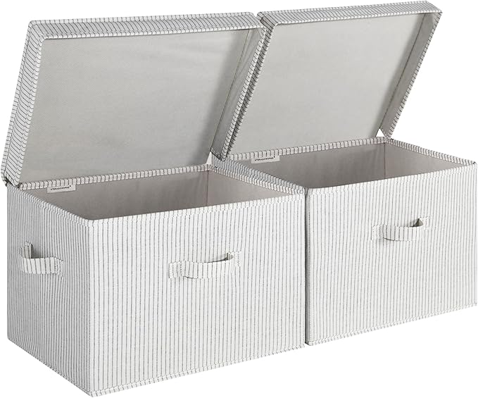 StorageWorks Fabric Storage Bins with Lid, Decorative Storage Boxes for Shelves, Stackable Closet Organizer Basket with Handles, Jumbo, Gray and White Stripes, 2-Pack