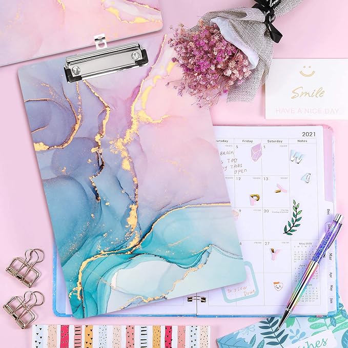 WAVEYU Cute Hardboard Office Clipboard, Clipboard with Low Profile Clip Designed for Students Classroom School and Office Use, Colorful Marble(12.5"x9")