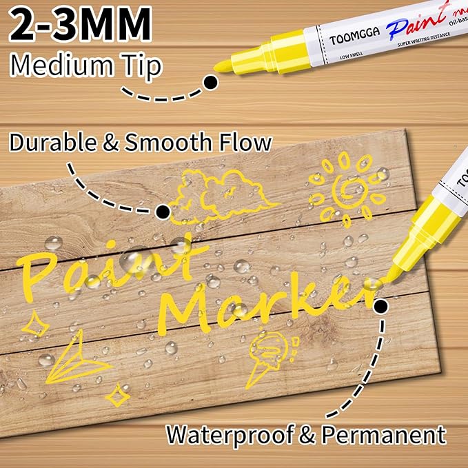 Yellow Permanent Paint Pens Paint Markers - 12 Pack Oil Based Markers, Quick Drying and Waterproof Marker Pen, Car Tire, Metal, Rock Painting, Wood, Ceramic, Plastic, Canvas, Mugs, Medium Tip