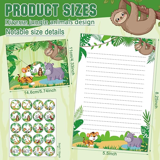 TaoBary 160 Packs Stationery Paper Set (50 Double Sided Stationery Writing Papers 50 Matching Envelopes) 60 Round Dot Sticker, 10 Design(Safari Animal,5.5 x 8.25 Inch)