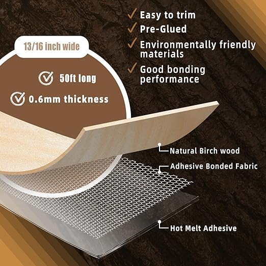 GSCIT Club Birch Edge Banding, 13/16 inch x 50ft roll of Wood Veneer Edge Banding Preglued Flexible, Wood Tape Banding for Cabinet Repair Plywood
