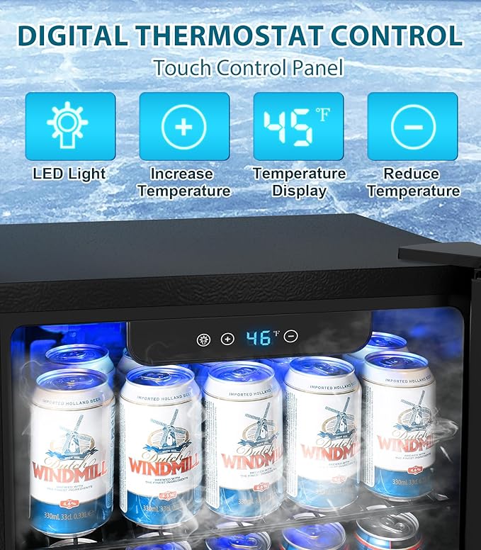 50 Cans Beverage Refrigerator Cooler, 1.3 Cu.ft Mini Fridge Countertop Drink Cooler with Glass Door for Beer, Soda,Wine, Adjustable Digital Temperature Control for Home Dorm Bar, Black