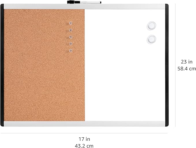 Amazon Basics Rectangular Magnetic Whiteboard & Cork Board Combo for Home, Office and Classroom, Plastic/Aluminum Frame, White,Yellow, 17" x 23"