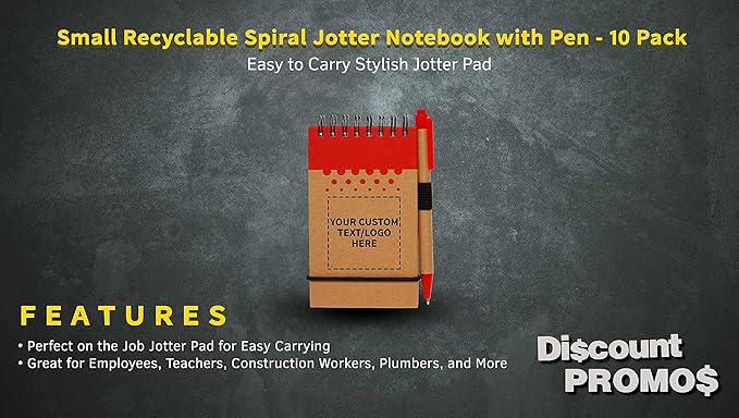 DISCOUNT PROMOS 10 Recyclable Spiral Small Notebooks Pack - Customizable Text, Logo - 60 Lined Pages - Red