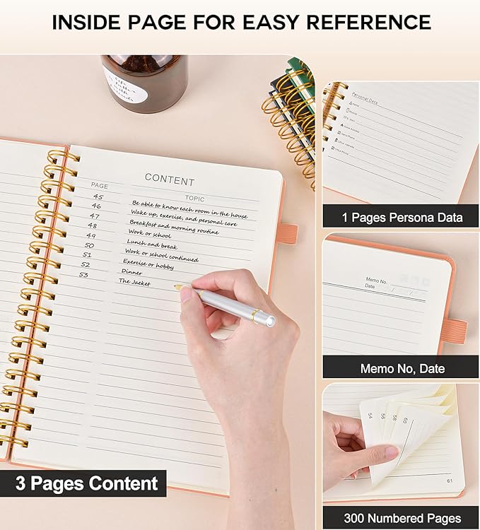 Large Spiral Notebook Journal for Women Men - 300 Numbered Lined Pages, College Ruled, A4 Hardcover Spiral Bound Notebook for School, Work, Note Taking, Writing, Leather Spiral Journal 8.5"x11"