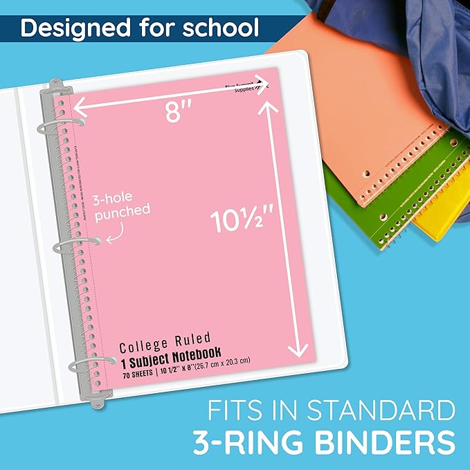 Blue Summit Pastel Spiral Notebook College Ruled, One Subject School Notebooks Spiral, Perforated Notebooks Bulk, 8 x 10.5 School Book, Paper, College Ruled, 6 Pack