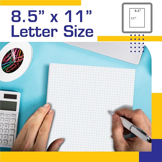 Better Office Products Graph Paper Pad, 8.5" x 11", 50 Sheets, Double Sided, White, 4x4 Blue Quad Rule, Easy Tear, Grid Paper, Graph Paper