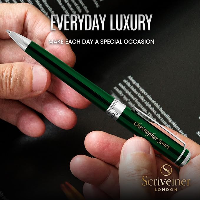 Scriveiner Personalized British Racing Green Pen - Stunning Green Lacquer Luxury Pen with Chrome Finish, Schmidt Ink Refill, Best Engraved Ball Point Gift Set for Men & Women, Custom Name Engraving
