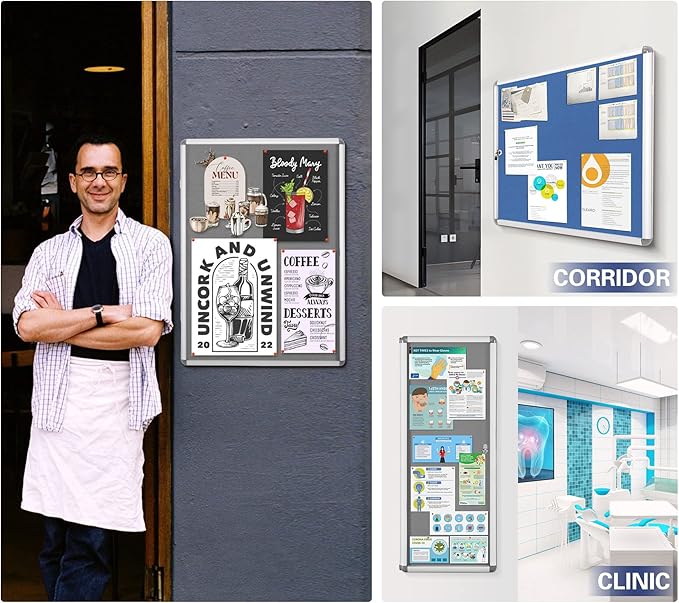 Swansea Blue Fabric Lockable Noticeboard Enclosed Pin Bulletin Board Glass Display Case for Wall Office School 6xA4