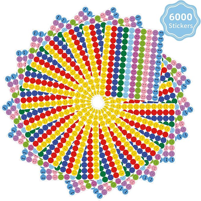 6000 Pieces Happy Smile Face Stickers for School Reward Behavior Chart,3/8 Inch in Diameter Round Colorful Reward Labels 10 Styles Happy Face Stickers for Teachers (50 Sheets)