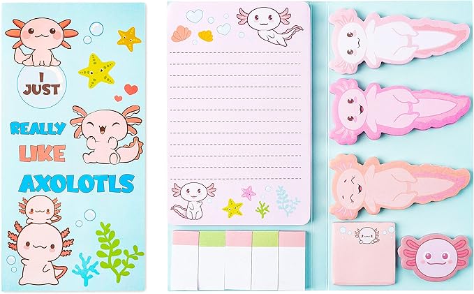 I Just Really Like Axolotl Sticky Notes Set, 550 Sheets, Animal Mexican Walking Fish Shaped Self-Stick Notes Pads Divider Tabs Bundle Writing Memo Pad Page Marker Back to School Office Supplies